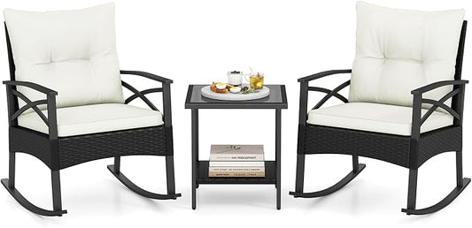 Tangkula 3 Pieces Outdoor Rocking Chairs Set, Rattan Heavy Duty Cushioned by TANGKULA