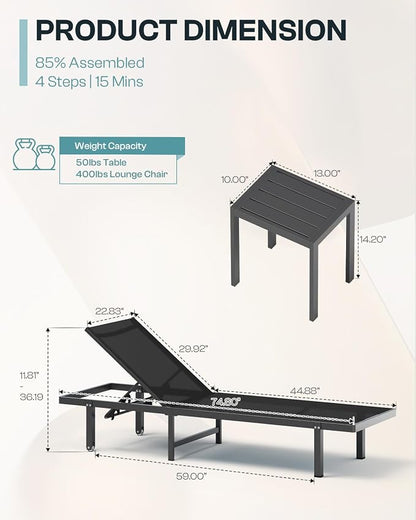 Lounge Chair Outdoor with Wheels, Aluminum Patio Chaise Lounge Chair with 5 - Image 2