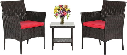 FDW 3 Piece Bistro Conversation Set Patio Brown Wicker Chairs Furniture Outdoor by FDW