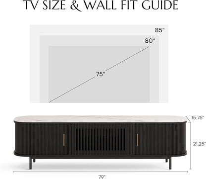 POVISON Fully-Assembled Sliding Tambour Door TV Stand, Mid Century Modern - Image 4