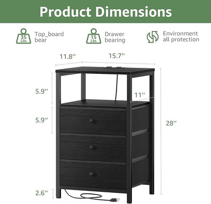 BOLUO Black Night Stand with 3 Fabric Drawers, Nightstand with Charging Station - Image 3