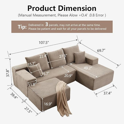 107" Comfy U-Shaped Sectional Modern Boneless Corduroy Couch - Image 2