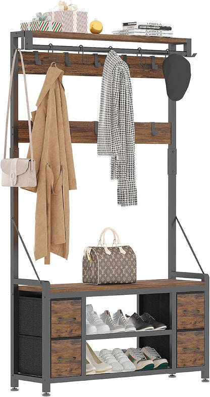 39" Hall Tree with Storage Coat Rack freestanding Entryway Furniture Bench - Image 7