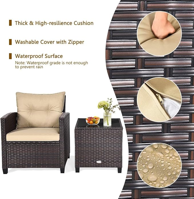HAPPYGRILL 3 Pieces Patio Conversation Set, Outdoor Furniture Set PE Rattan - Image 4