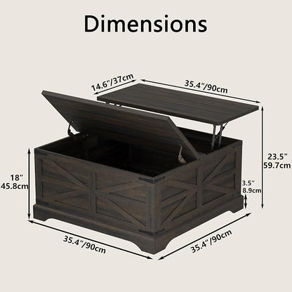 Furnideco 35.5''W Square Coffee Table Farmhouse Lift top Coffee Table - Image 2