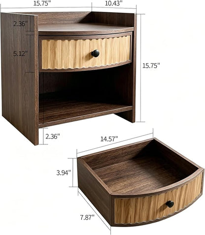 Wooden Nightstand with Drawer and Open Storage Shelf, Curved Front Bedside Table - Image 2