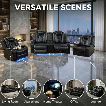 Power Recliner Sofa Set with LED Lights, Includes 2 Manual Recliner 1 Seat and - Image 5