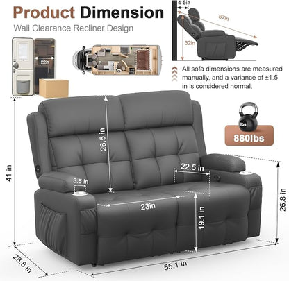 Reclining Loveseat, 55.1" RV PU Leather Wall Hugger Recliner Love Seats Sofa - Image 2