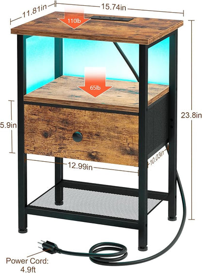 LOAKEKEL Nightstand with Charging Station, End Table with Fabric Drawer - Image 3