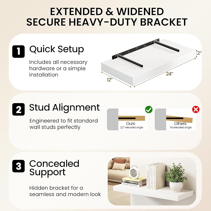30Inch White Floating Shelves for Wall, 12 Inch Deep Shelves for Bedroom - Image 6