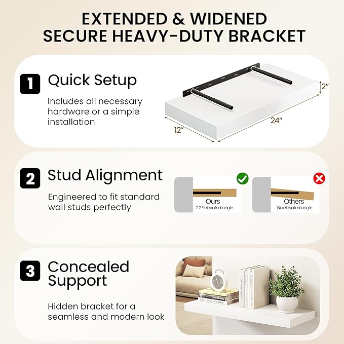 40Inch White Floating Shelves for Wall, 12 Inch Deep Shelves for Bedroom - Image 6
