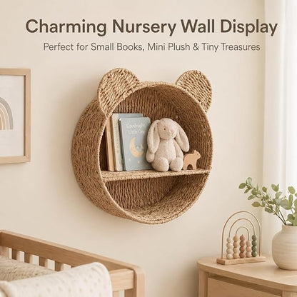 Woven Wall Basket Shelf Bear Nursery Decor — Boho Handwoven Hanging Wall Decor - Image 4