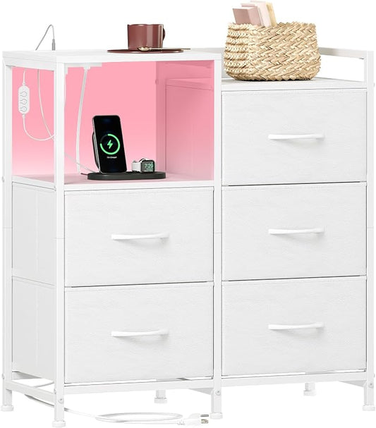 Somdot White Nightstand with Charging Station and LED Light, Wide 5 Drawers by Somdot