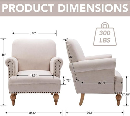 Beige Linen Fabric Accent Chair, Modern Farmhouse Upholstered Armchair - Image 2