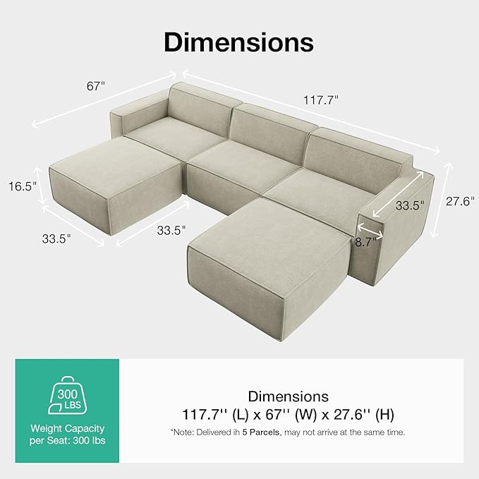 Novilla 117.7" Modular Sectional Sofa, No Assembly Cloud Sectional Couch - Image 2