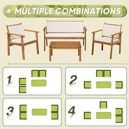 Flamaker Patio Furniture 4 Piece Outdoor Acacia Wood Patio Conversation Sofa Set - Image 5
