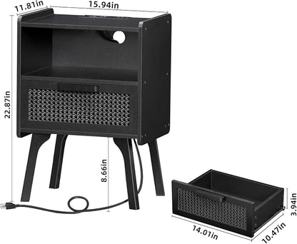 Lerliuo Rattan Nightstand with Charging Station, Side Table with Drawer Open - Image 3