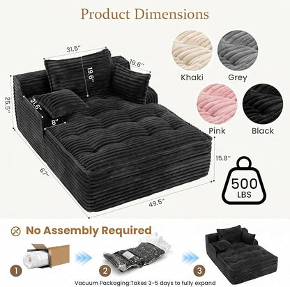 Boneless Chaise Lounge Couch Indoor, Oversized Corduroy Upholstered Sofa Bed - Image 2