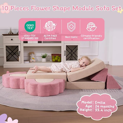 10-Piece Mini Kids Play Couch, Modular Flower Foam Sofa - Image 4