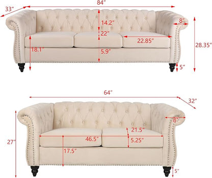 RARZOE Modern 2 Pieces Living Room Sofa Set, Contemporary Tufted Button Velvet - Image 2