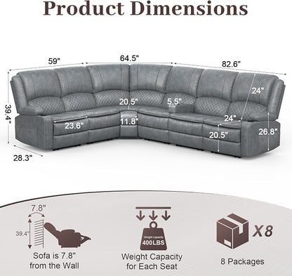 Yolsali Manual Reclining Sectional Sofa Set, 6 Seats Soft Leather Recliner - Image 2