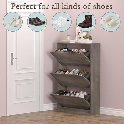 BORNOON Shoe Cabinet with 3 Flip Drawers, Hidden Wood Shoe Cabinet, - Image 4