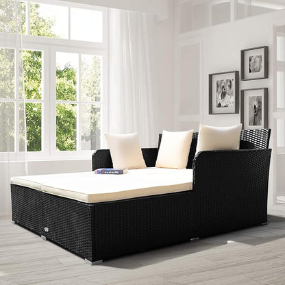 COSTWAY Outdoor Patio Rattan Daybed, Sponge Cushioned Loveseat Sofa - Image 4