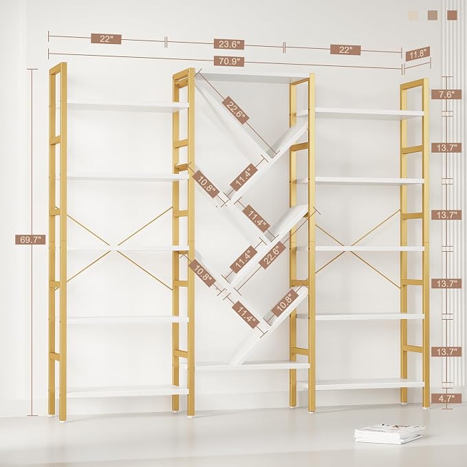 INNOD 70x70” Triple 5 Tier Book Shelf, Large Wooden Bookcase - Image 2