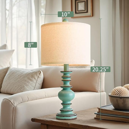 BOBOMOMO 20" Distressed Teal Bedside Lamps Set of 2, Hand-Painted Vintage Resin - Image 4