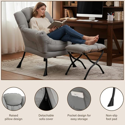 Welnow Lazy Chair with Ottoman, Modern Accent Chair with Armrests and a Side - Image 6
