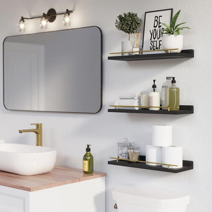 WOPITUES Floating Shelves with Gold Metal Guardrail, Shelves - Image 2