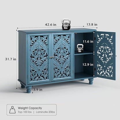 JOINICE Accent Cabinet with 3 Carved Doors, Distressed Blue Sideboard Buffet - Image 2