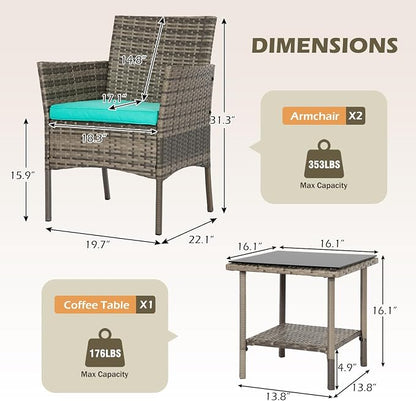FDW 3 Piece Outdoor Furniture Set Patio Gray Wicker Chairs Furniture Bistro - Image 3