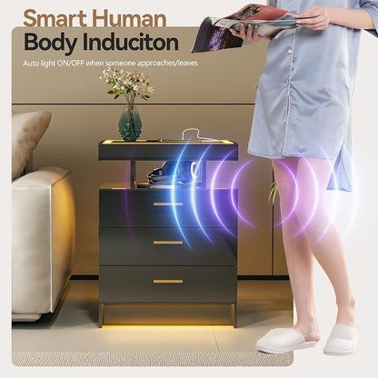 Black Night Stand Set 2 with Wireless Charging Station, Smart Bedside Table - Image 6