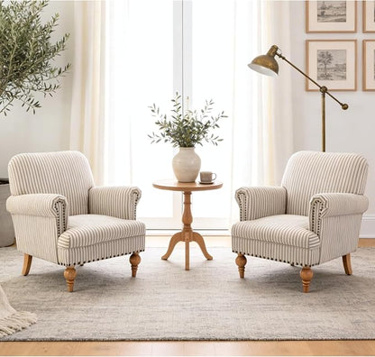 Khaki Striped Linen Fabric Accent Chairs Set of 2, Modern Farmhouse Upholstered - Image 7
