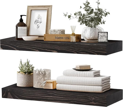 24x8x1.6 inch Floating Shelves Set of 2 – Solid Wood Rustic Black Wall Mounted by YLYHSST