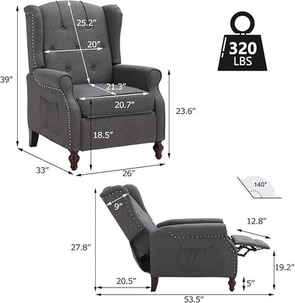 Wingback Recliner Chair with Massage and Heat, Tufted Fabric Push Back Recliner - Image 2
