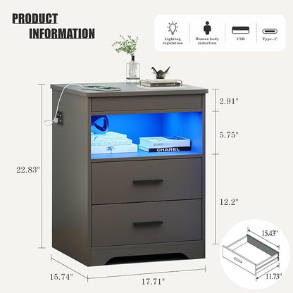 Nightstand with Gun Drawer, Charging Bedside Table with USB & Type-C Port - Image 2