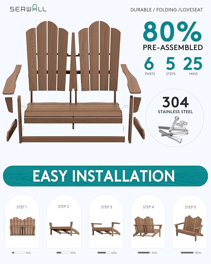 SERWALL 3 Pieces Patio Adirondack Bench Set, 2 Folding Adirondack Bench & 1 - Image 8