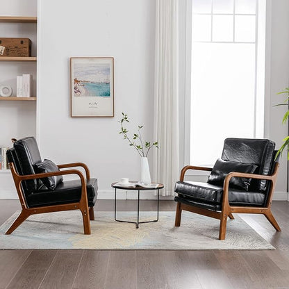 Mid Century Modern Accent Chairs Set of 2 Living Room- Comfy Wood Arm Chair - Image 5