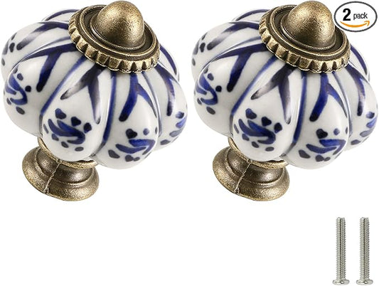 Ivory & Deep Blue Pumpkin Knobs 2 Pack Ceramic Cabinet Knobs Vintage Drawer by Zernmiarder