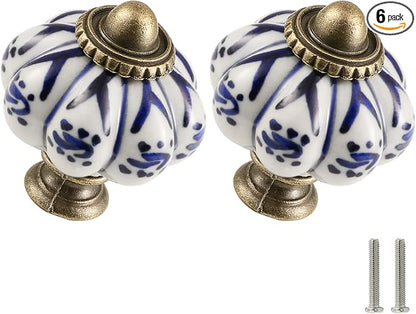 Ivory & Deep Blue Pumpkin Knobs 6 Pack Ceramic Cabinet Knobs Vintage Drawer by Zernmiarder