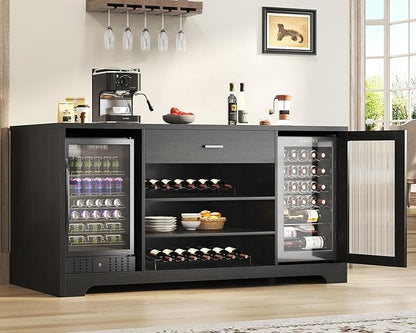 HSH Long Bar Cabinet with Fridge Space, Modern Wood Coffee Wine Liquor Cabinet by HOMESWEETHOME