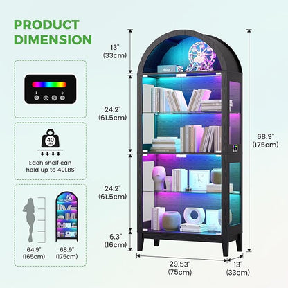 HNEBC Arched Book Shelf with Glass Doors, LED Bookcase with RGB Lights - Image 2