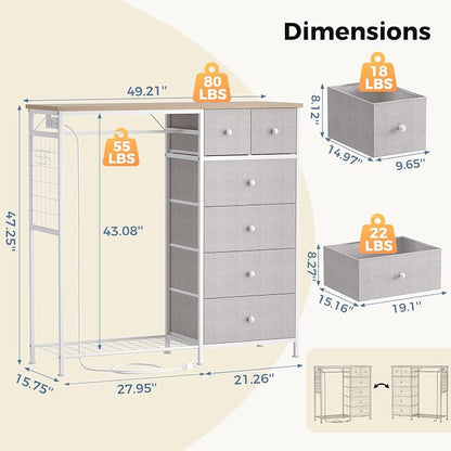 DUMOS Dresser for Bedroom with Hanging Rack, 6 Drawer Fabric Dresser with - Image 3