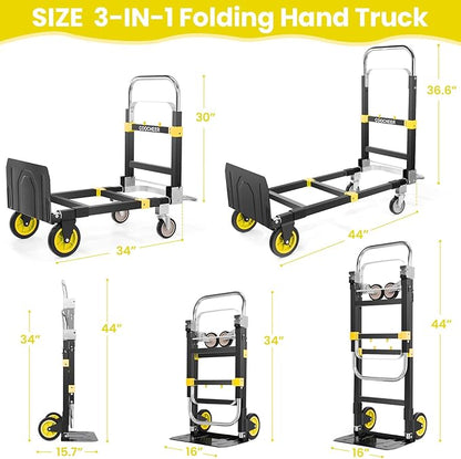 3-in-1 Folding Hand Trucks, 600Lbs Convertible Hand Truck Dolly, Heavy Duty - Image 2