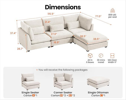 115" Oversized Chenille Couch Modular Sectional Sofa, Washable Cloud Couch - Image 2