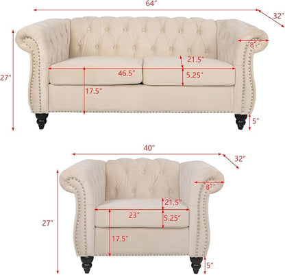 RARZOE Chesterfield Loveseat Sofa Set, 1+2 Seater - Image 2