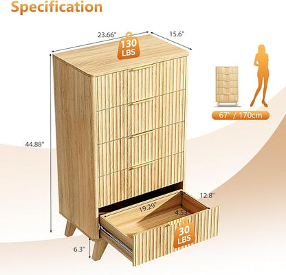 VINGLI Fluted Tall Dresser 5 Drawer, 23.66" W Chest of Drawers, Oak Wood Dresser - Image 2