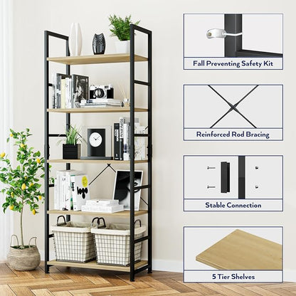 NUMENN 5 Tier Bookshelf, Tall Bookcase Shelf Storage Organizer, Modern Book - Image 5